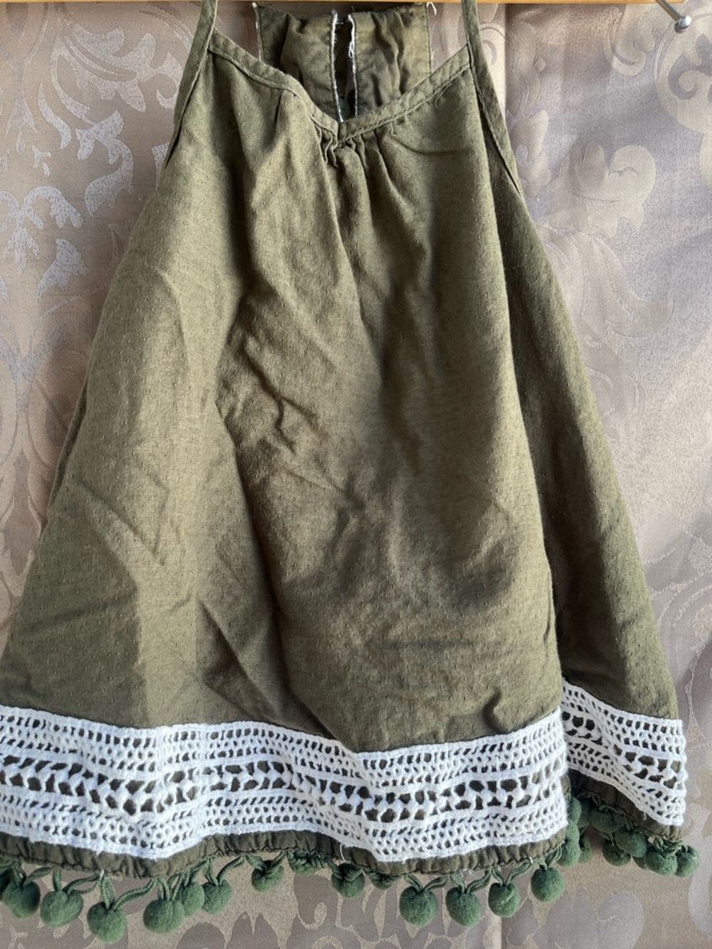 Tommy Bahama Olive Green Pom-Pom Trim A-Line Dress